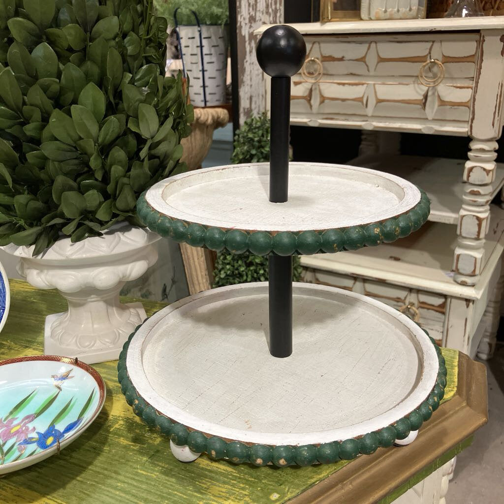 White Green Beaded Two Tier Stand