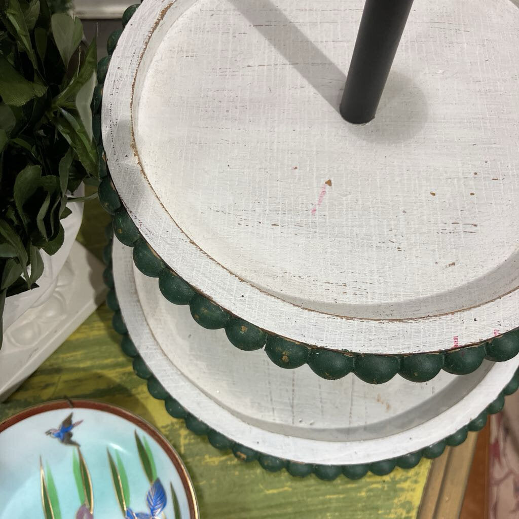 White Green Beaded Two Tier Stand