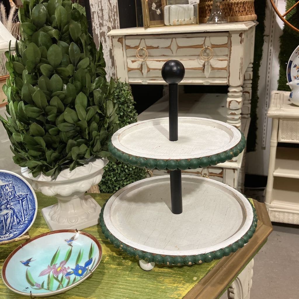 White Green Beaded Two Tier Stand