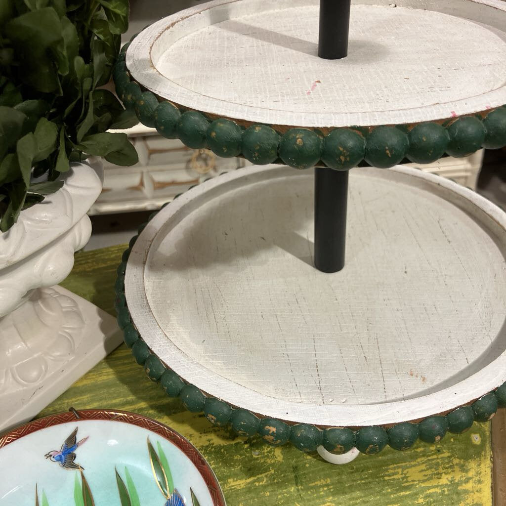 White Green Beaded Two Tier Stand