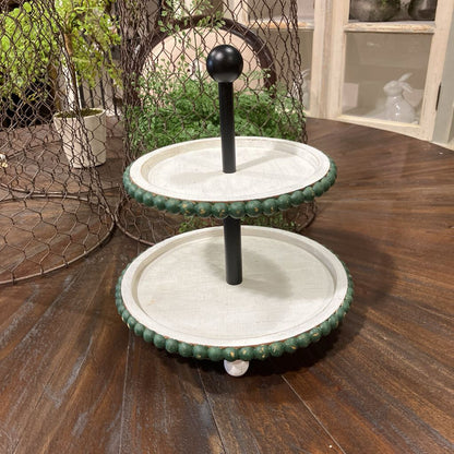 White Green Beaded Two Tier Stand