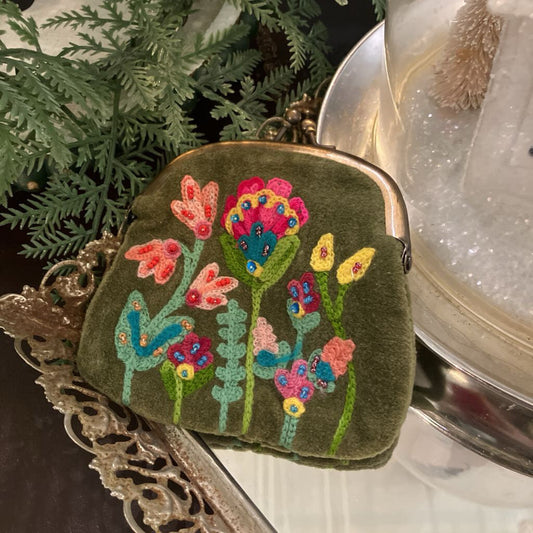 Olive Floral Velvet Mini Clutch