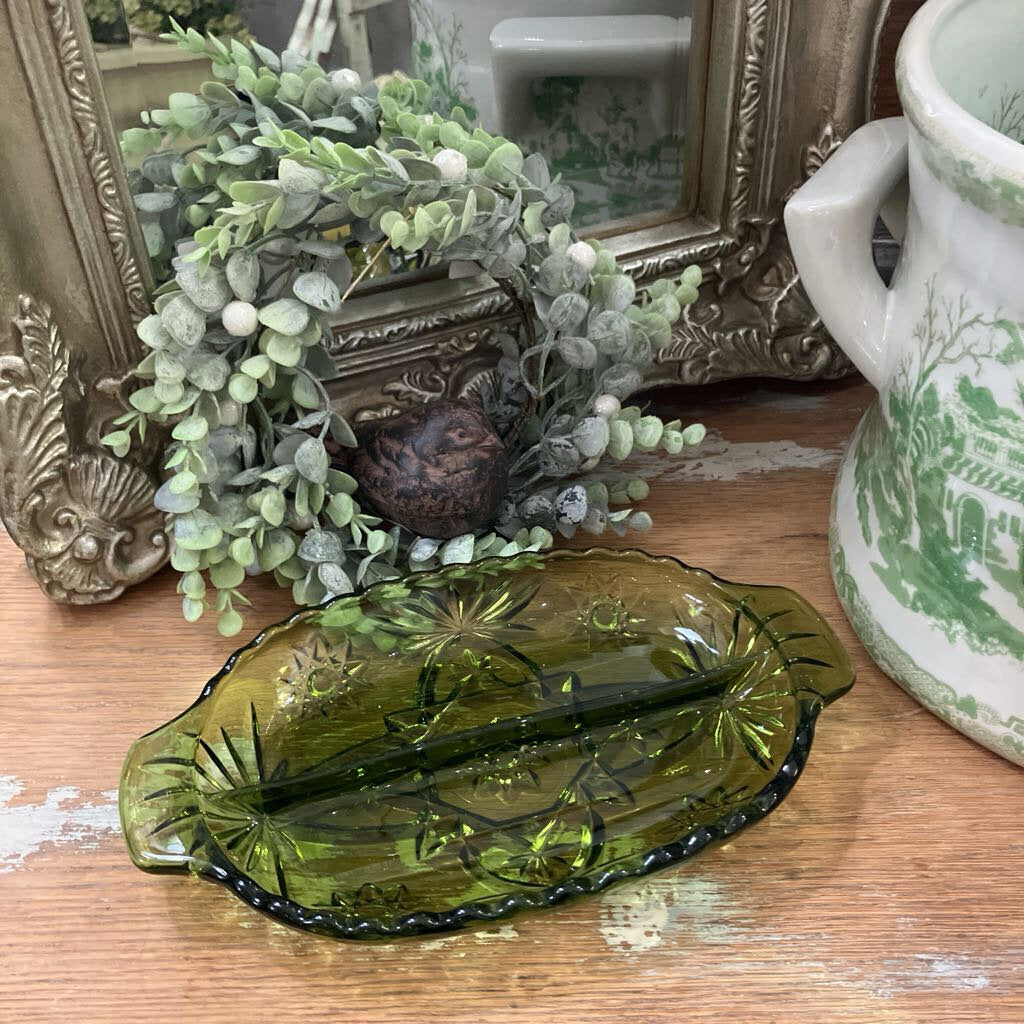 Anchor Hocking Green Glass Relish Tray / Catchall