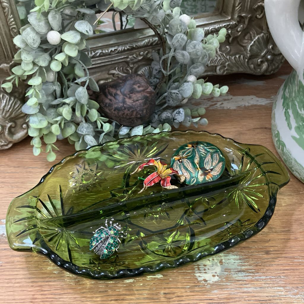 Anchor Hocking Green Glass Relish Tray / Catchall